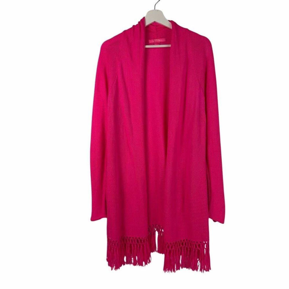 Lilly Pulitzer Tatum size Large open-front Dark pink cardigan fringe hem
